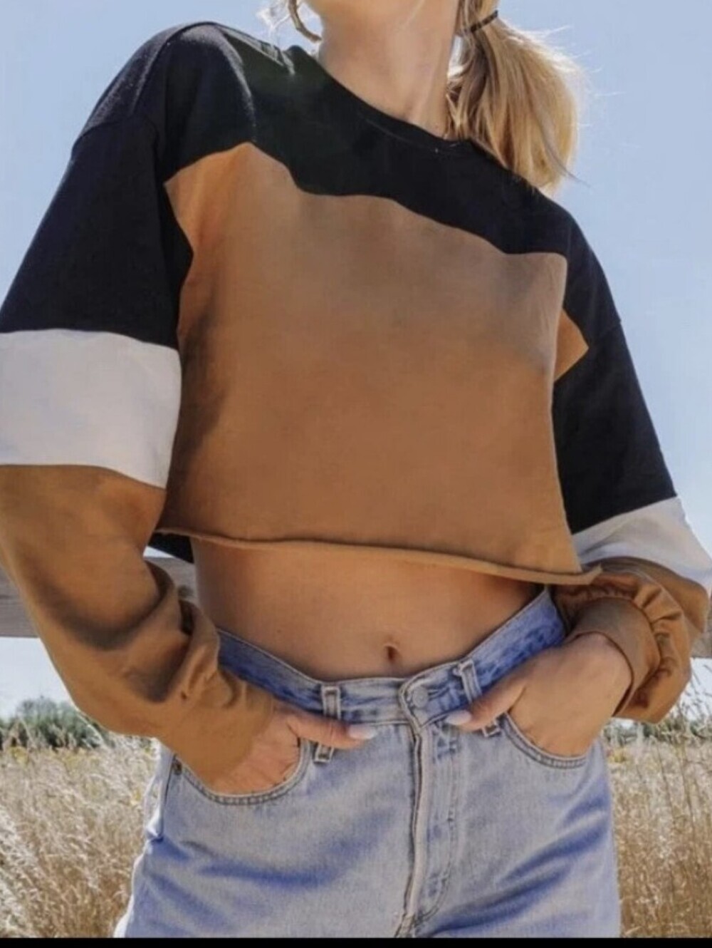 Cropped Colorblock Sweatshirt - Brown/Black/White